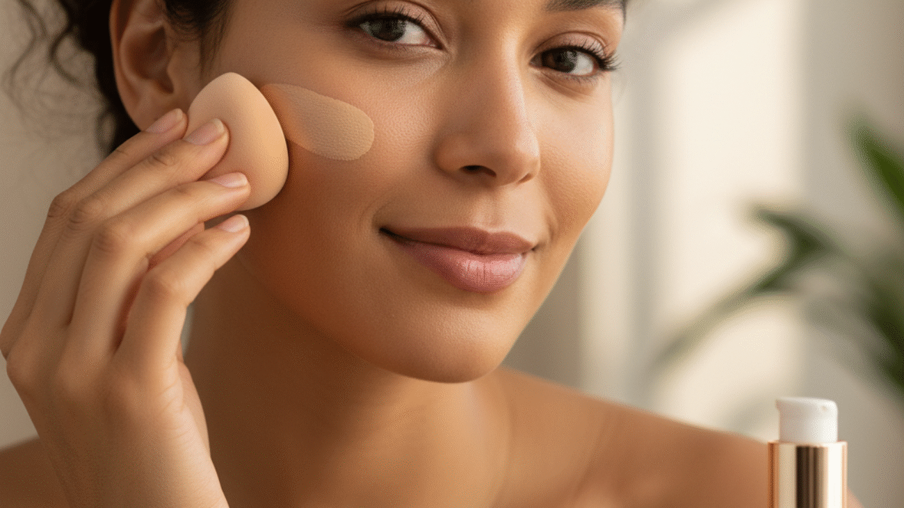 A woman blends foundation on her cheek with a sponge, showing technique and flawless natural skin.