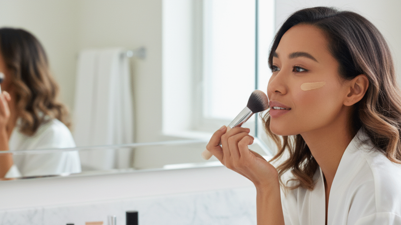 Woman applies foundation with a brush in a bright, modern bathroom for a beauty makeup guide cover.