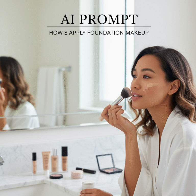 Woman applies foundation with a brush in a bright, modern bathroom for a beauty makeup guide cover.