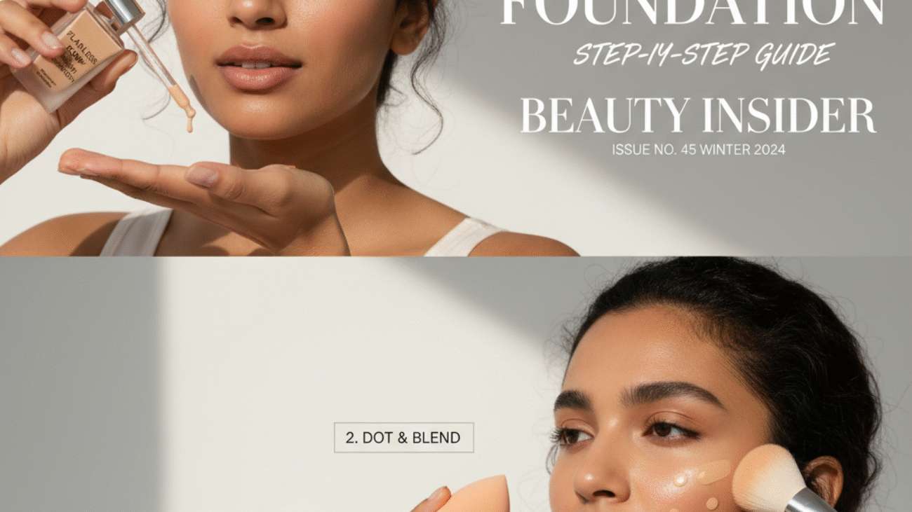 How to Use a Foundation: Woman demonstrates step-by-step makeup application for a flawless look.