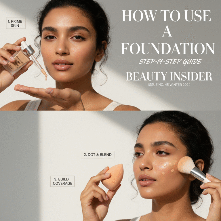 How to Use a Foundation: Woman demonstrates step-by-step makeup application for a flawless look.