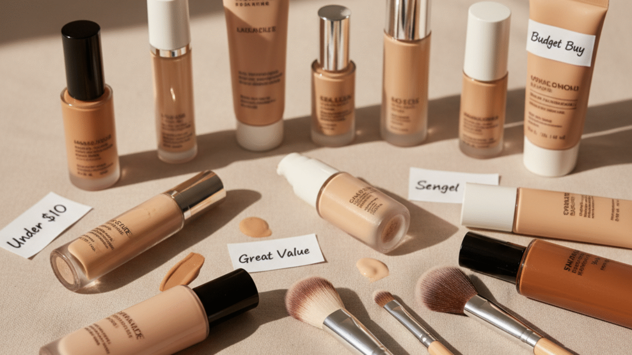 alt_text: Affordable foundations in diverse shades arranged with brushes on a neutral background, highlighting inclusivity.