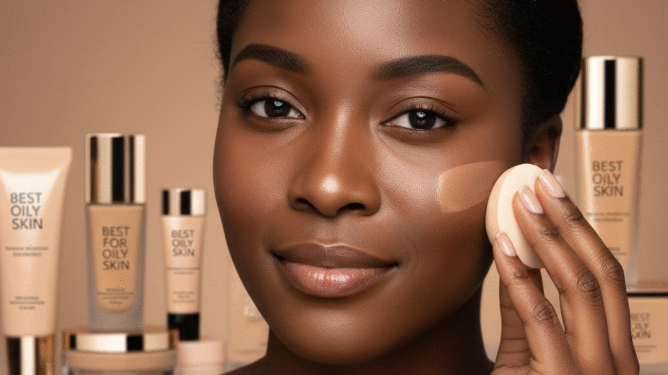 Best Face Foundation for Oily Skin: radiant woman applies makeup, surrounded by top products for oily skin.