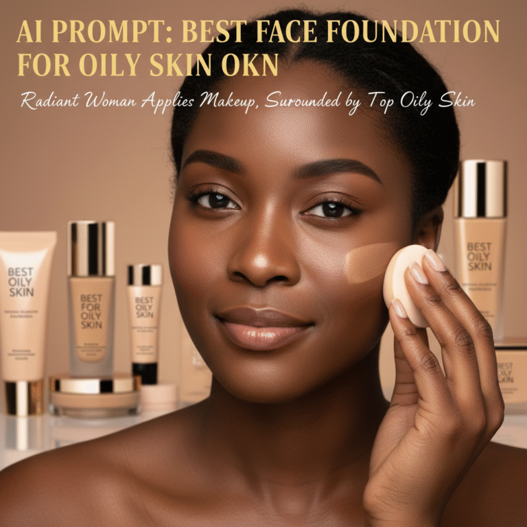 Best Face Foundation for Oily Skin: radiant woman applies makeup, surrounded by top products for oily skin.