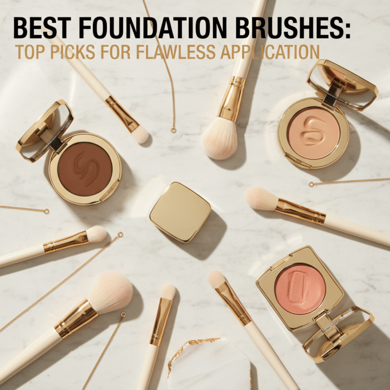 Best Foundation Brushes: Elegant flat-lay of luxe brushes and compacts on a chic, neutral background.