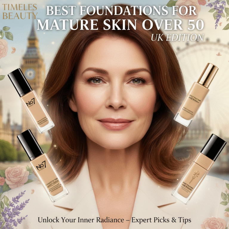 Radiant woman over 50 with flawless skin, UK landmarks, and top foundations featured on a chic cover.
