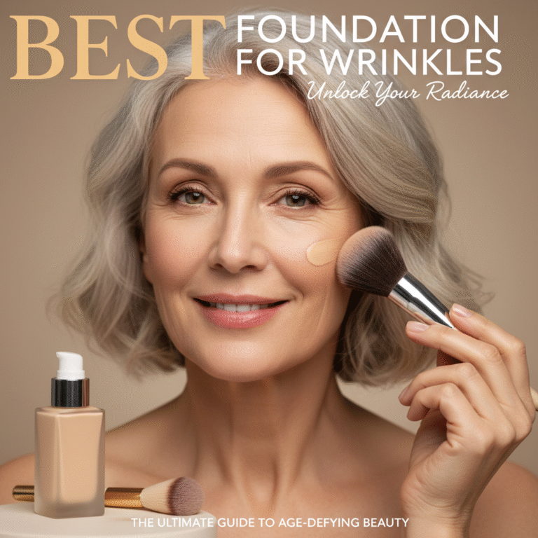 Confident mature woman applies foundation, glowing skin, magazine cover on best wrinkle foundations.