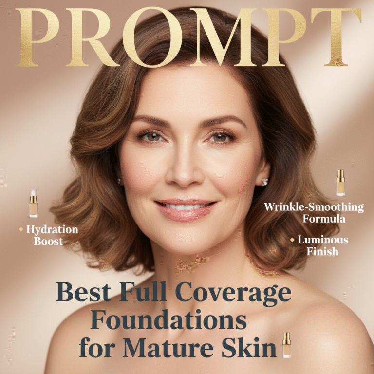 Confident middle-aged woman on a magazine cover showcasing top full-coverage foundations for mature skin.