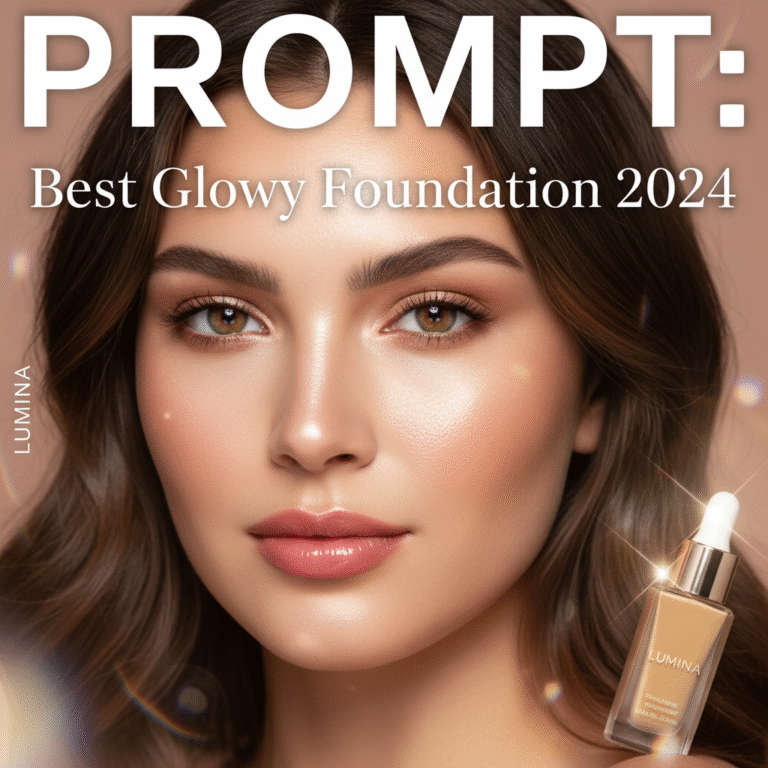 Woman with radiant, glowing skin and dewy makeup features the Best Glowy Foundation 2024 cover.