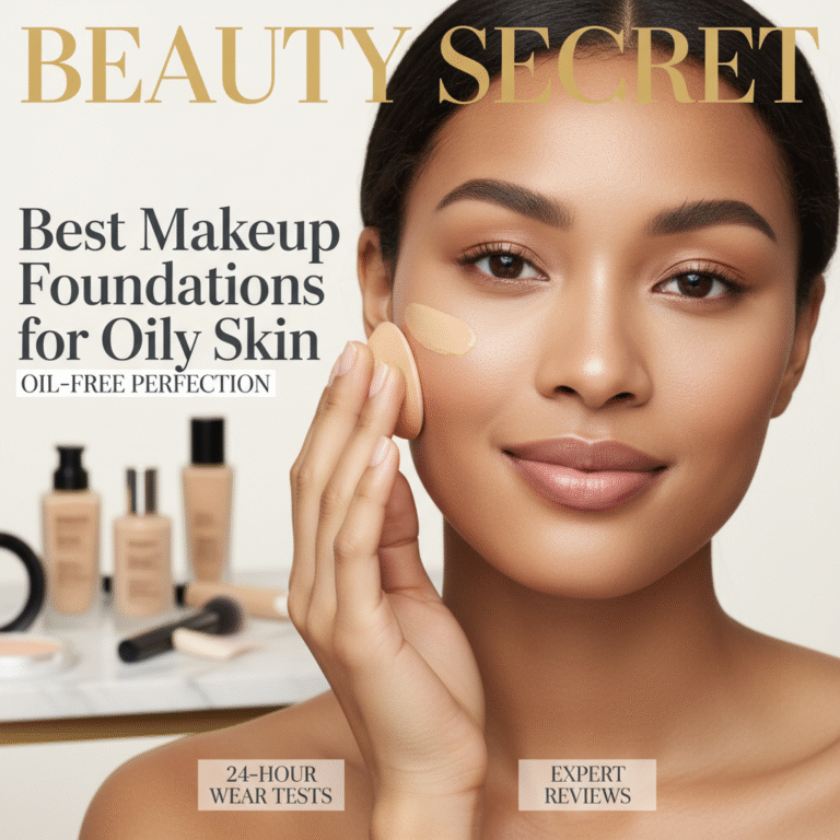 Diverse model applies foundation on a magazine cover about top makeup foundations for oily skin.