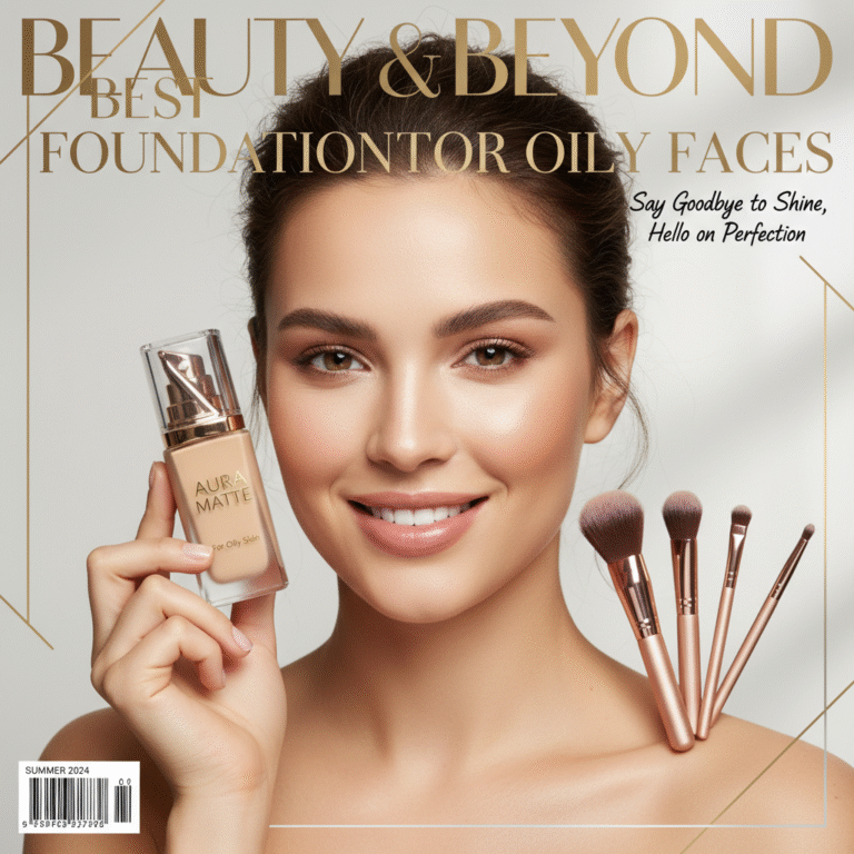 alt_text Confident woman with flawless matte skin showcases luxury foundation for oily faces on a bright cover.