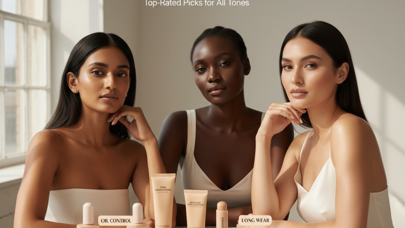 Best Skin Foundations for Oily Skin—diverse models, matte complexions, and top foundation picks displayed.