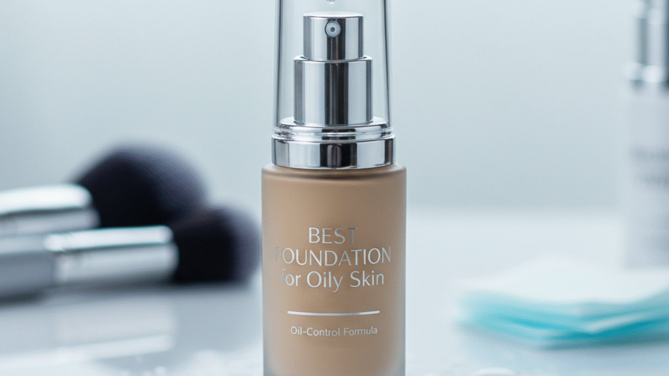 alt_text: Elegant foundation bottle for oily skin on glossy surface with water droplets, brushes, and cool tones.