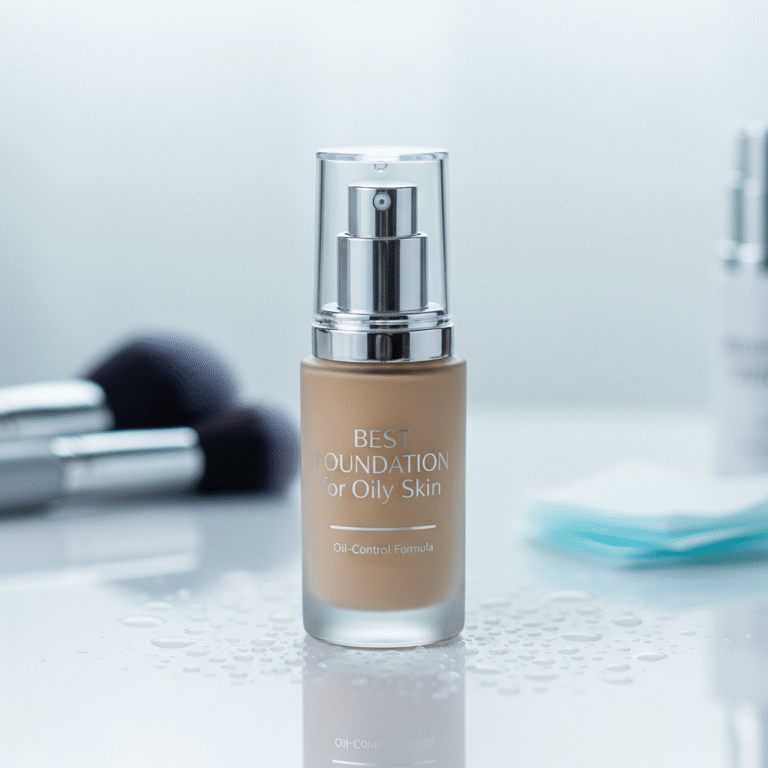 alt_text: Elegant foundation bottle for oily skin on glossy surface with water droplets, brushes, and cool tones.