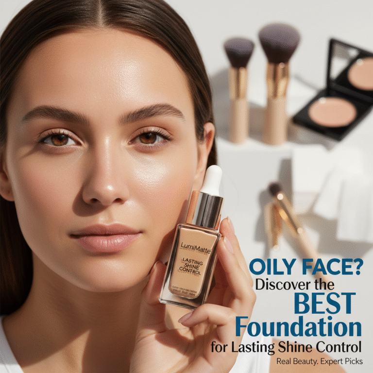 alt_text: Confident woman with glowing T-zone holds foundation; discover best products for oily skin control.