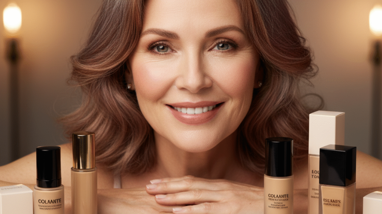 Elegant mature woman with glowing skin, surrounded by top foundation picks for a flawless, youthful look.