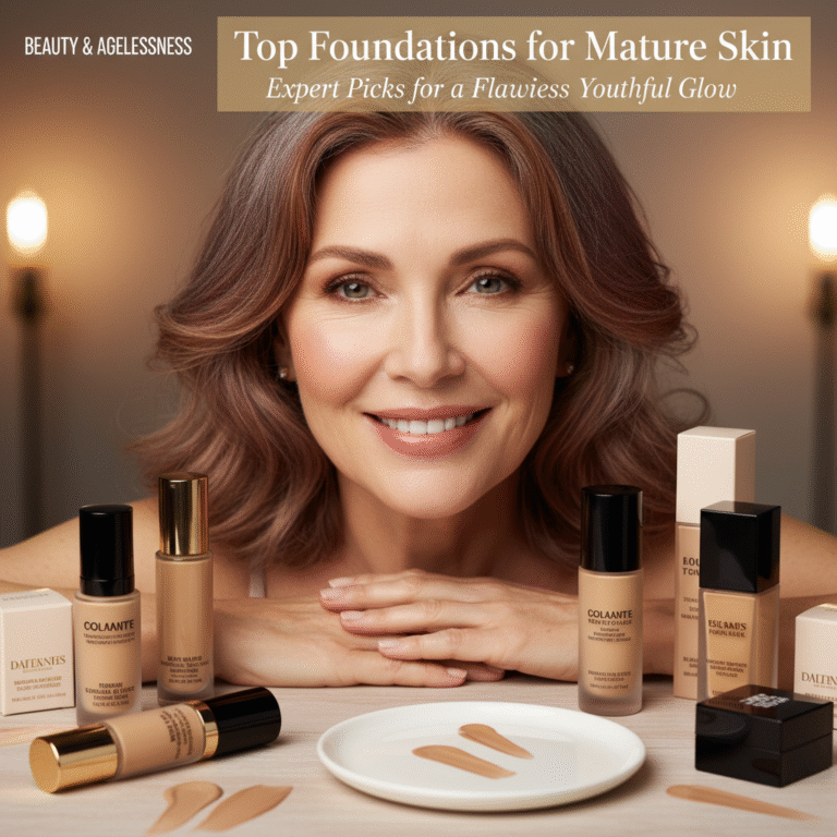 Elegant mature woman with glowing skin, surrounded by top foundation picks for a flawless, youthful look.