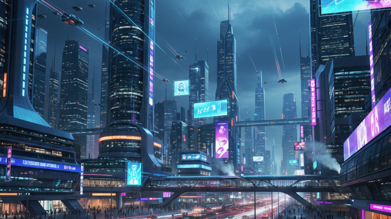 A neon-lit city at night with futuristic skyscrapers and flying cars above bustling streets.