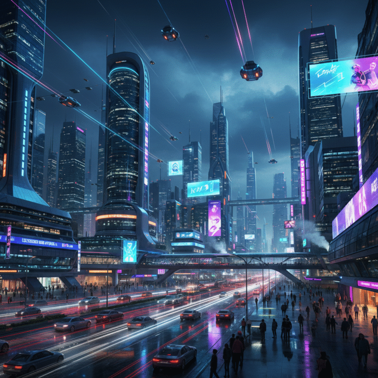 A neon-lit city at night with futuristic skyscrapers and flying cars above bustling streets.