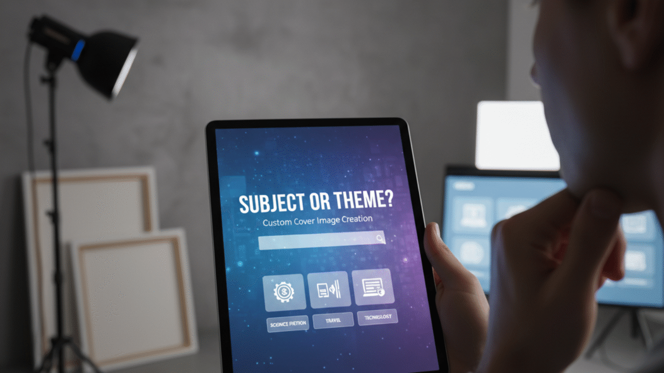 A question prompt asking for the subject or theme for a custom cover image creation.
