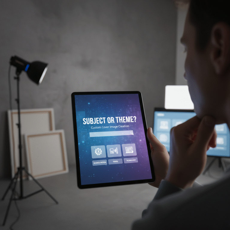 A question prompt asking for the subject or theme for a custom cover image creation.