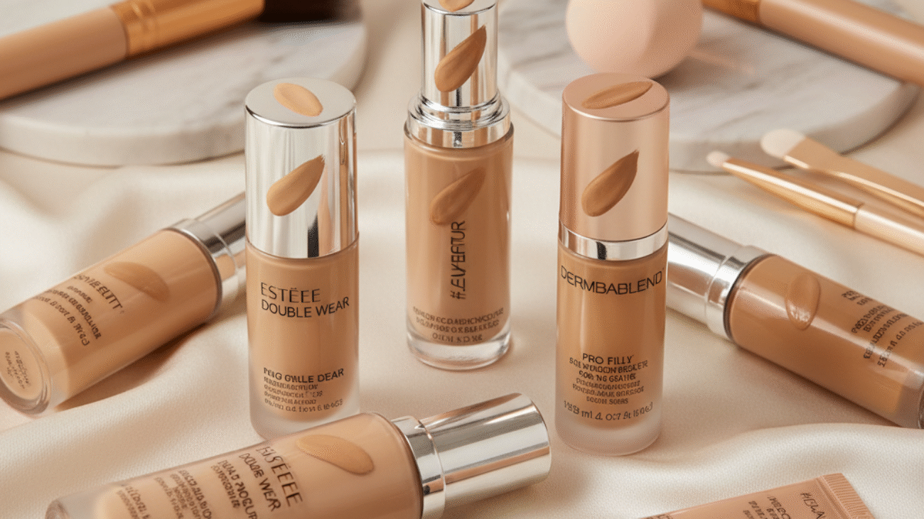 alt_text Elegant full coverage foundations and tools on silky fabric, showcasing diverse shades and luxe textures.