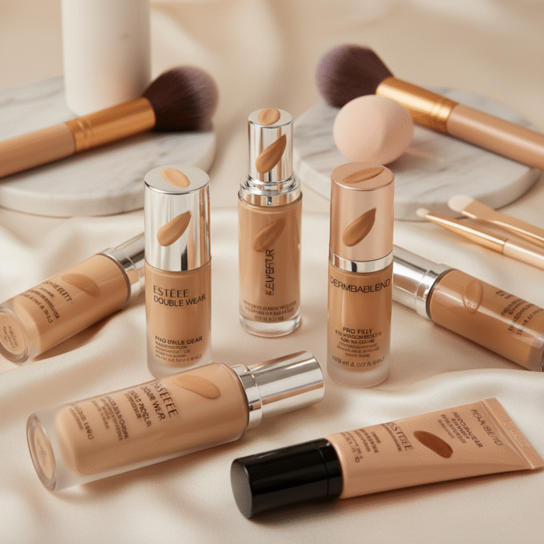 alt_text Elegant full coverage foundations and tools on silky fabric, showcasing diverse shades and luxe textures.