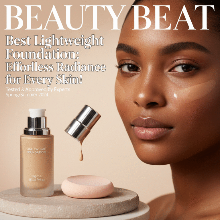 Magazine cover shows a glowing model with flawless skin, lightweight foundation, and modern beauty props.