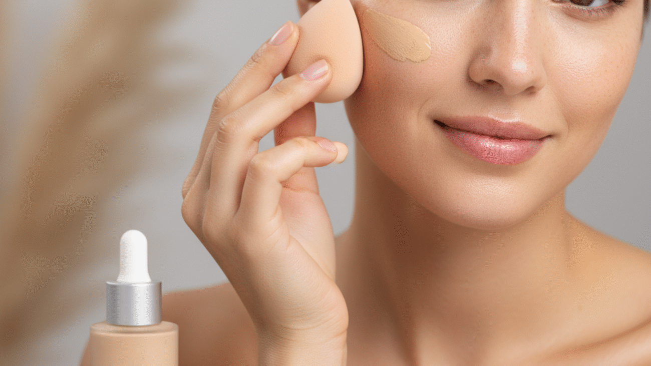 Woman applies liquid foundation with a sponge, showcasing a glowy, natural look in a modern beauty tutorial.