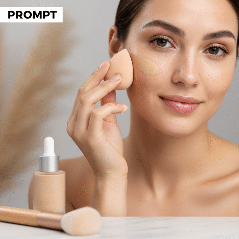 Woman applies liquid foundation with a sponge, showcasing a glowy, natural look in a modern beauty tutorial.