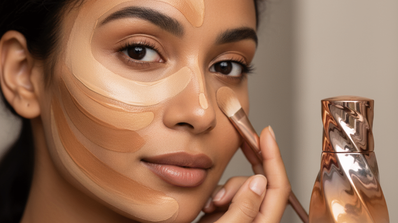 alt_text Model applies color-changing foundation, blending multiple shades to match her skin, with luxe bottle behind.