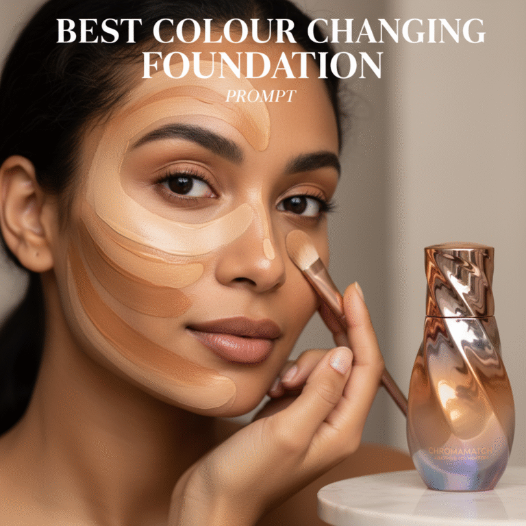 alt_text Model applies color-changing foundation, blending multiple shades to match her skin, with luxe bottle behind.