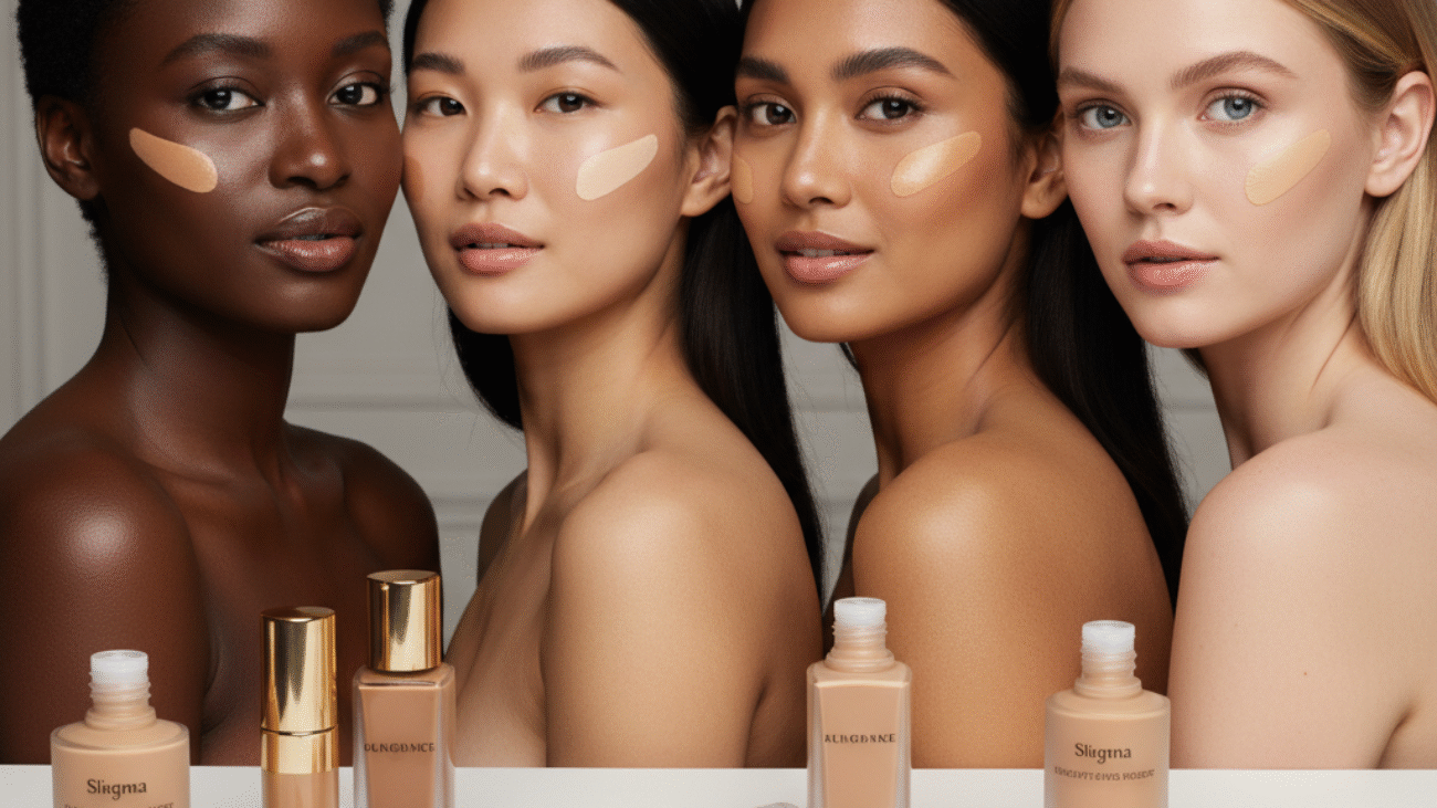 Diverse women with flawless skin showcase top foundations; elegant bottles and swatches in foreground.