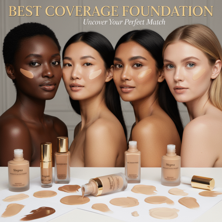 Diverse women with flawless skin showcase top foundations; elegant bottles and swatches in foreground.