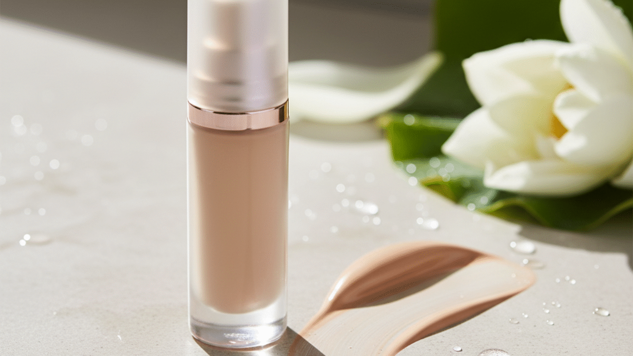 A glowing dewy foundation bottle with radiant swatch, fresh flowers, and water droplets for a beauty cover.