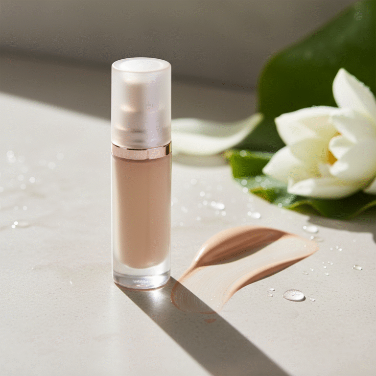 A glowing dewy foundation bottle with radiant swatch, fresh flowers, and water droplets for a beauty cover.
