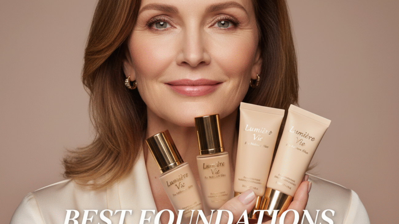 Elegant woman with glowing skin poses with luxury foundation products for mature skin magazine cover.