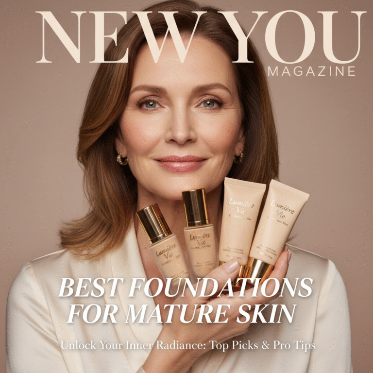 Elegant woman with glowing skin poses with luxury foundation products for mature skin magazine cover.