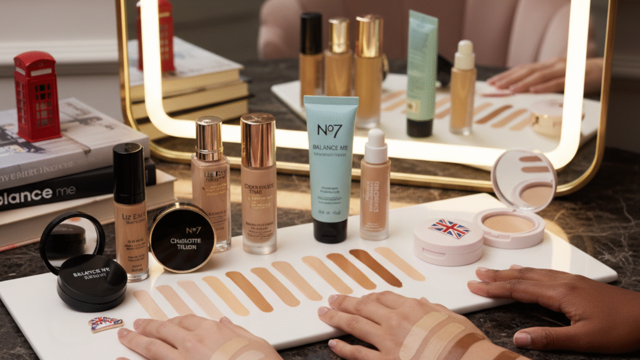 Best Full Coverage Foundations UK cover: branded bottles, shade swatches, luxe British-inspired vanity.