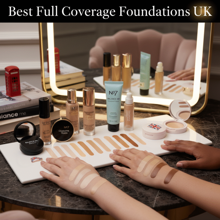 Best Full Coverage Foundations UK cover: branded bottles, shade swatches, luxe British-inspired vanity.