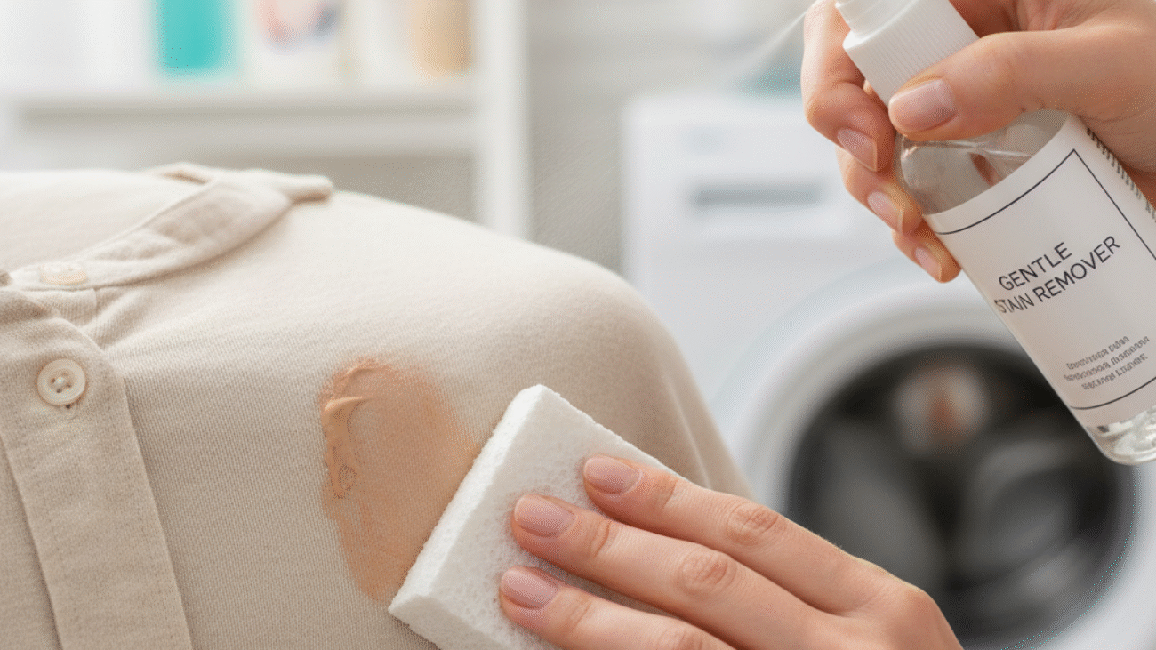 Hands cleaning foundation stain from a light shirt with remover and cloth, showing stain removal steps.
