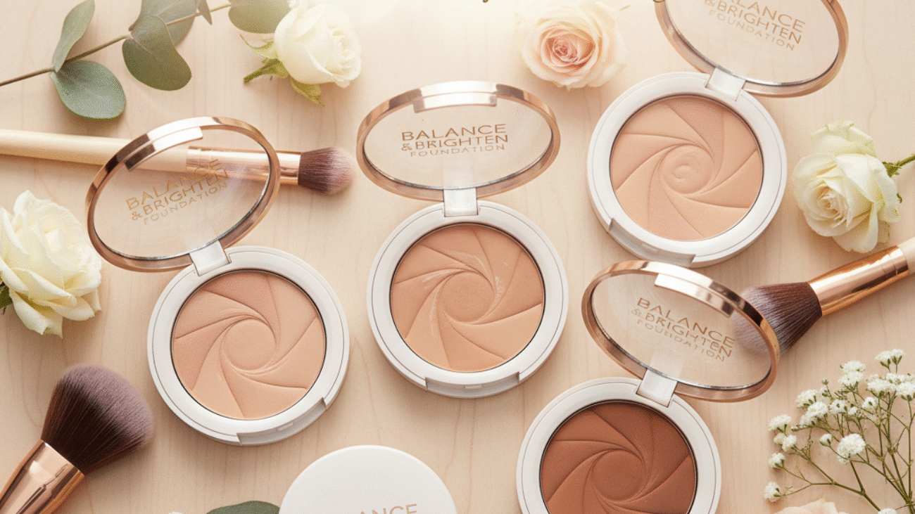 Flat lay of "Balance & Brighten" foundations with brushes and flowers, glowing and inviting review.