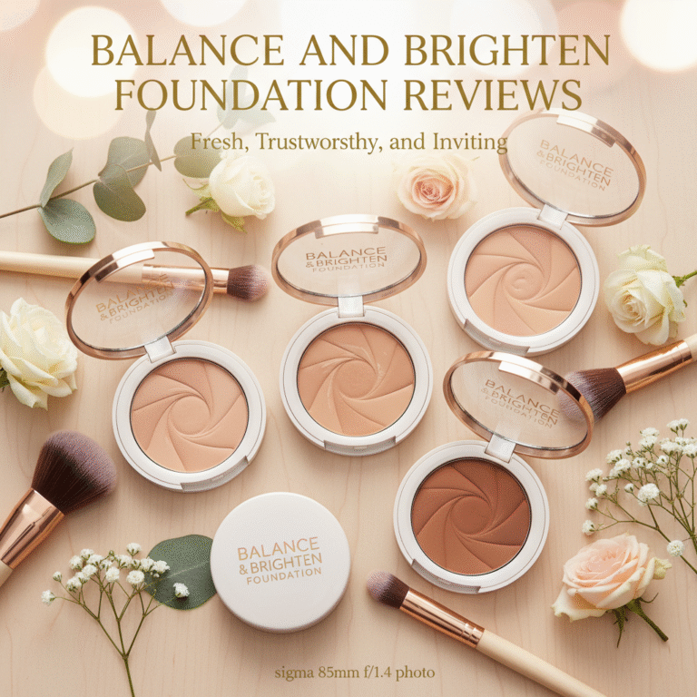 Flat lay of "Balance & Brighten" foundations with brushes and flowers, glowing and inviting review.