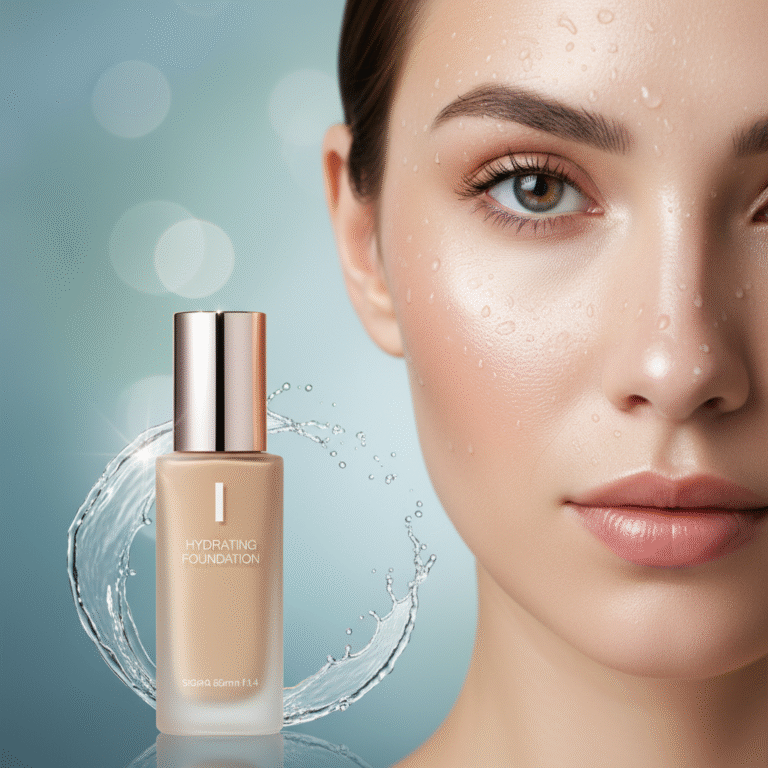 Radiant model with dewy skin, hydrating foundation bottle, and water droplets for nourished skin