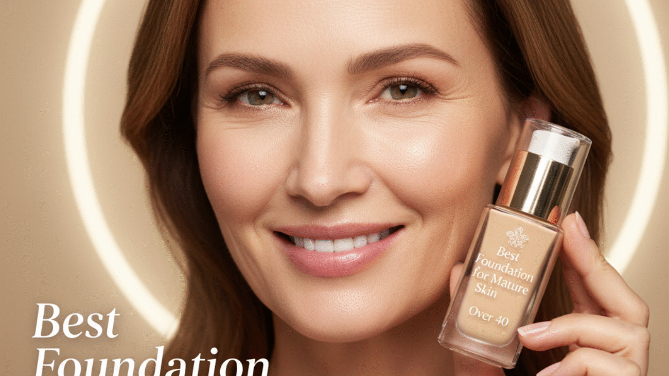 alt_text Confident woman over 40 glowing on a beauty magazine cover, holding foundation for mature skin.