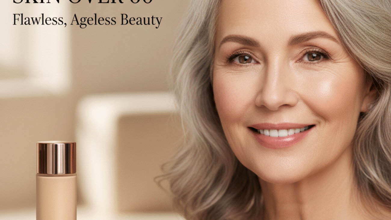 Confident woman over 60 with radiant skin, makeup, and foundation featured on an empowering magazine cover.