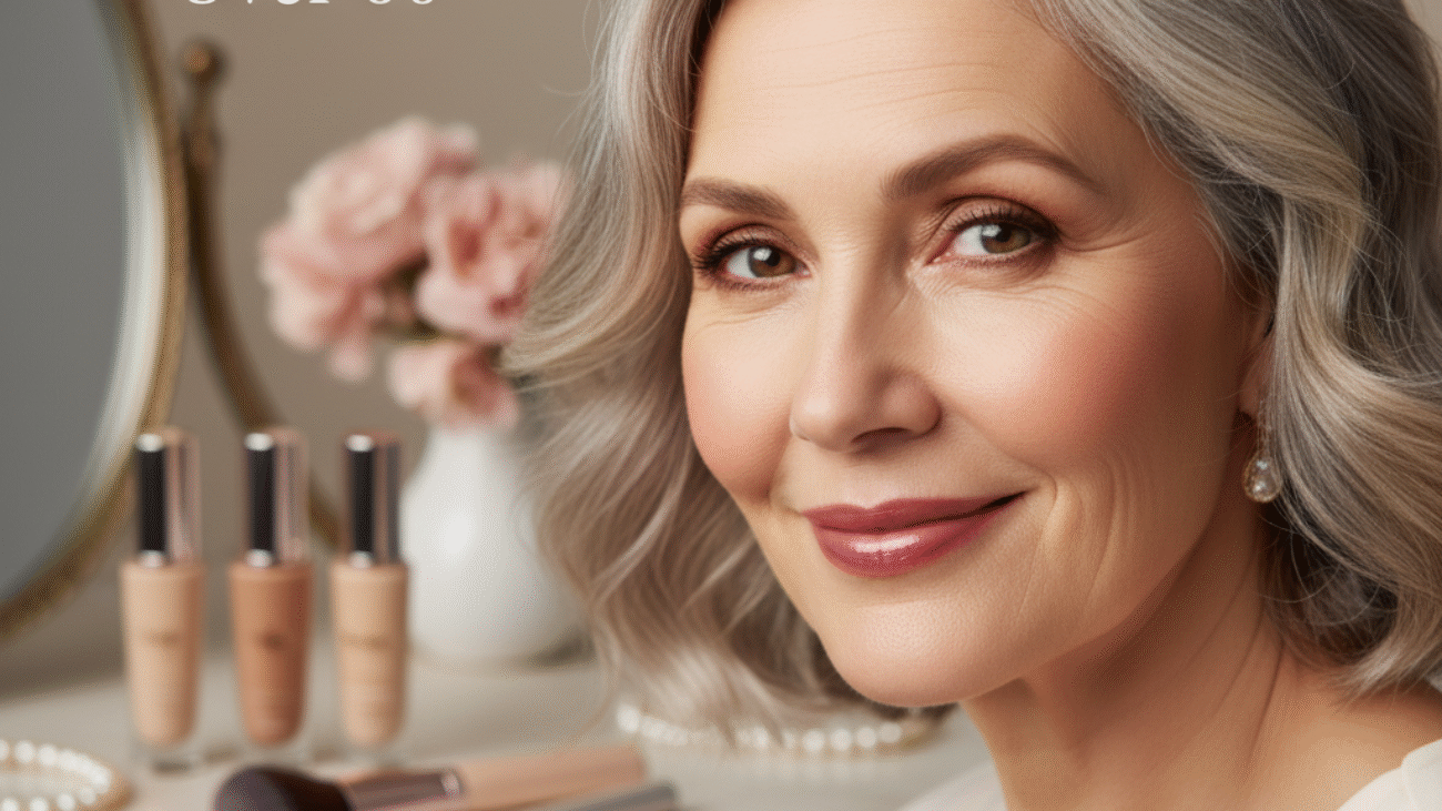 Confident woman over 60 with glowing skin, soft makeup, and elegant foundation bottles in background.