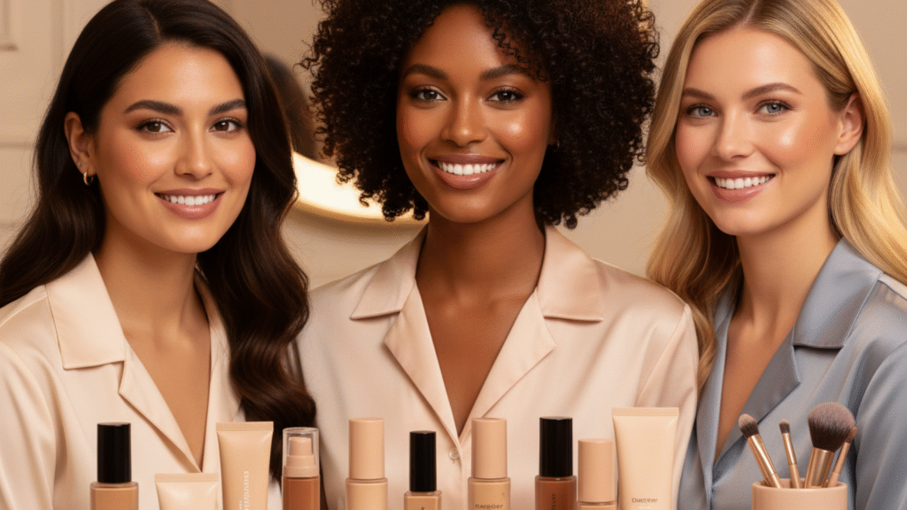 Diverse women showcase radiant skin with top drugstore foundations on a stylish, softly lit vanity.