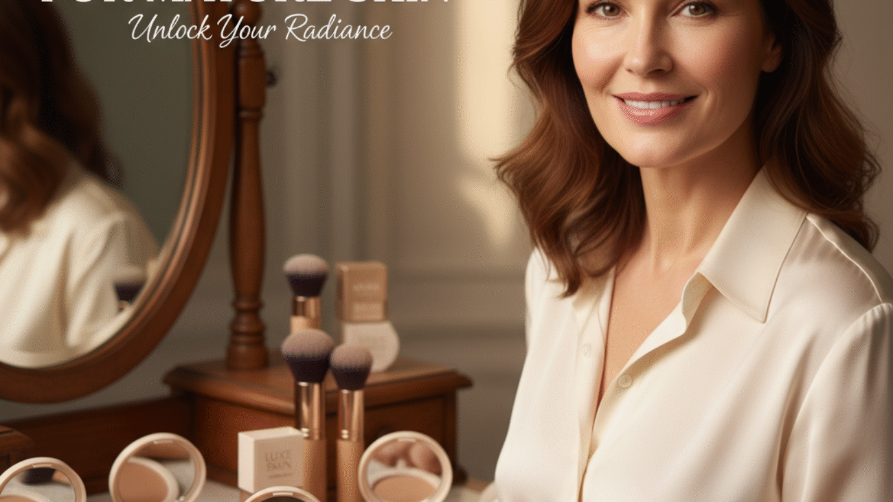 alt_text Elegant mature woman with glowing skin poses by luxury powder foundations, celebrating beauty at any age.