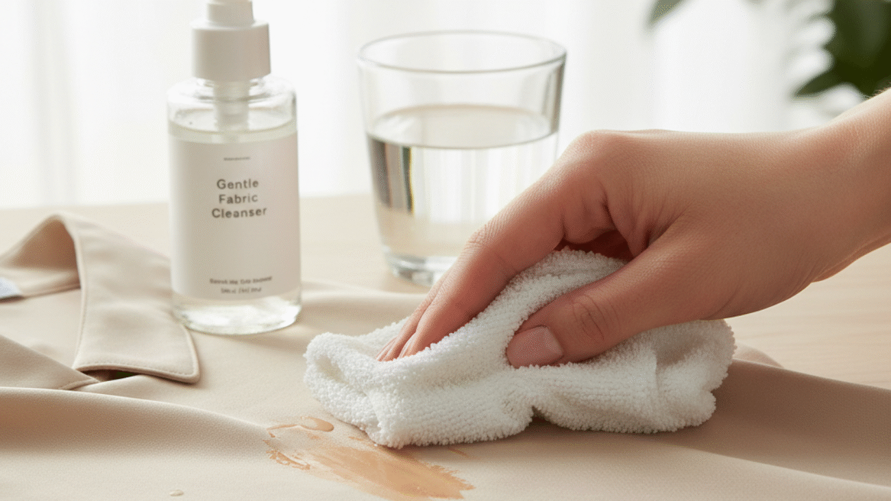 Hand dabbing makeup stain on light fabric with cloth, soap bottle and water—removing foundation from clothes
